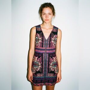 Nanette Lepore NYC 6 Geometric Cotton Silk Zip-Front V-Neck Tank Dress